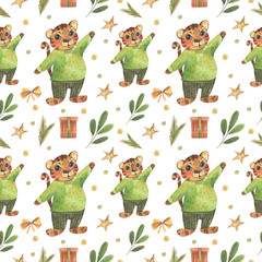Tiger  watercolor illustrations Christmas gifts stars seamless pattern 