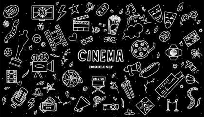 Cinema, TV Shows, Series and Movies Funny Doodle Vector set. Hand drawn colorful illustration. Set for podcast, awards and radio. Background