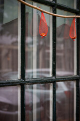 Orange net bird feeders hanging on the window