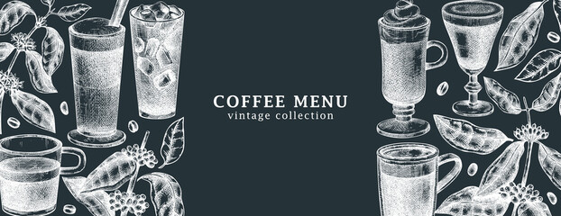 Hand-sketched coffee banner design. Vector sketches of  mugs with aromatic caffeine drinks templates. With botanical coffee plants, leaves and beans in vintage style. Vector beverages background