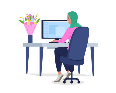 Woman at desk with flowers semi flat color vector character. Working figure. Full body person on white. Romantic gift isolated modern cartoon style illustration for graphic design and animation