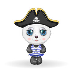 Panda pirate, cartoon character of the game, wild bear in a bandana and a cocked hat with a skull, with an eye patch. Character with bright eyes