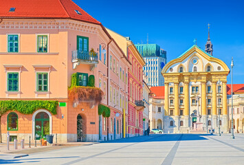 View of Congress Square and the Ursuline Church of the Holy Trinity in the center of Ljubljana, Slovenia