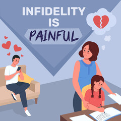 Problem in marriage social media post mockup. Infidelity is painful phrase. Web banner design template. Relationship booster, content layout with inscription. Poster, print ads and flat illustration