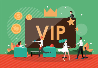Restaurant waiter serving customers, VIP card holders, vector illustration. Gold card, VIP client services.