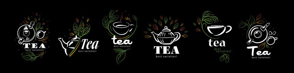 Vector set of logos with a painted teapot, a cup of tea and leaves