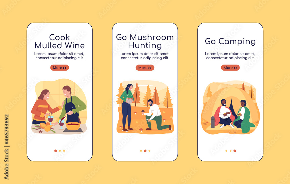 Poster autumn activities for couples onboarding mobile app screen flat vector template. walkthrough website