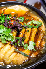 A delicious Chinese Guangxi special dish, snails and duck feet in clay pot