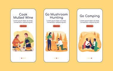 Autumn activities for couples onboarding mobile app screen flat vector template. Walkthrough website 3 steps with characters. Creative UX, UI, GUI smartphone cartoon interface, case prints set