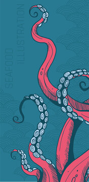 colored bright illustration with tentacles, graphic style. red and blue colours and simple wave pattern
