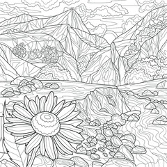 Obraz premium Chamomile and mountains landscape.Coloring book antistress for children and adults. Illustration isolated on white background.Zen-tangle style. Hand draw