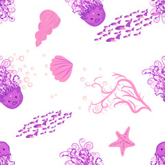 Jellyfish, fish, animals bright seamless patterns. Sea travel, snorkeling with animals, tropical fish.