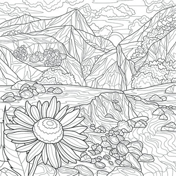 Chamomile and mountains landscape.Coloring book antistress for children and adults. Illustration isolated on white background.Zen-tangle style. Hand draw