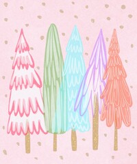 Set of Christmas trees in watercolor style. Holiday card with pink fir-trees in naive childish style.