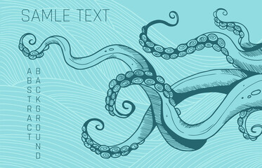 illustration with tentacles, graphic style. green and blue colours  - obrazy, fototapety, plakaty