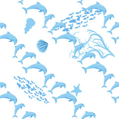 Dolphin, sea inhabitants seamless pattern, beautiful character among seashells, algae, starfish, marine wildlife