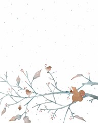 オシャレな水彩画冬の木々とリスと小鳥と雪の結晶の北欧風ベクター白バックフレームイラスト素材