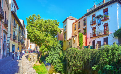 The green gorge of Darro River, Carrera del Darro street, Granada, Spain