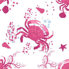 Crab marine life, fish, animals bright seamless patterns. sea travel, snorkeling with animals, tropical fish.