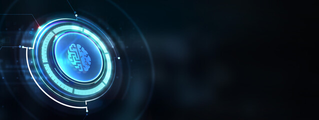 Artificial intelligence (AI), machine learning and modern computer technologies concepts. Business, Technology, Internet and network concept. 3d illustration
