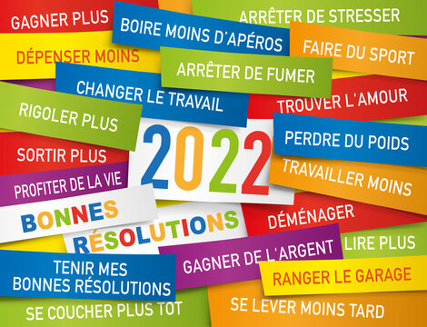 Carte de vœux 2022 présentant une liste de bonnes résolutions écrite sur des étiquettes de couleurs.