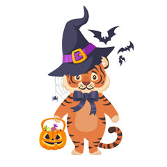 Adorable illustration funny tiger in witch hat