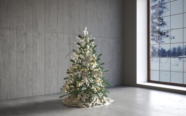 Christmas concept interior room, christmas tree, white room interior with wooden floor.
