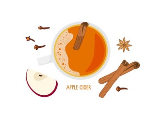 Apple Cider. Decorative vector illustration for menu. Warm beverage mug with slices of apples, cinnamon, anise, cloves. Colorful Vector illustration in flat style on white background.