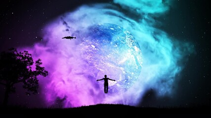 4k time lapse animation of the starry sky with falling meteors, a planet in a beautiful nebula and a man flying at it from the ground with his arms outstretched. Freedom of choice concept.
