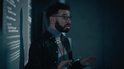 Business Conference Presentation: Visionary Startup CEO Presents New Product, Does Motivational Talk Science, Lecture, Technology, Entrepreneurship, Development, Leadership. Background with Code.