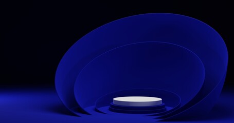 Escenario, espacio de exhibición de producto tridimensional, render 3D de composición azul abstracta con podio. Estudio minimalista con pedestal redondo y espacio para copiar. 