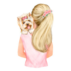 Watercolor illustration of a girl with a dog, blonde with a yorkshire terrier  - obrazy, fototapety, plakaty