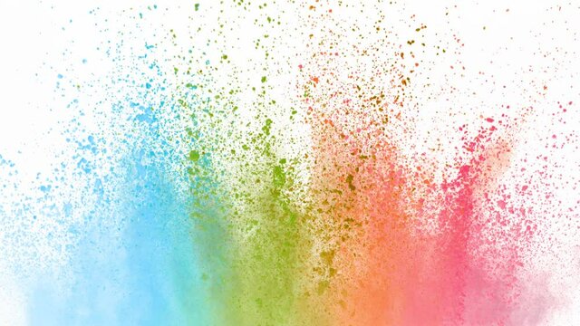 Super slow motion of colored powder explosion isolated on white background. Filmed on high speed cinema camera, 1000fps.