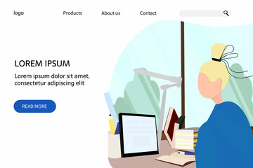 online education Landing page template with a girl sitting at a desk studying with a tablet. Vector illustration in a flat style