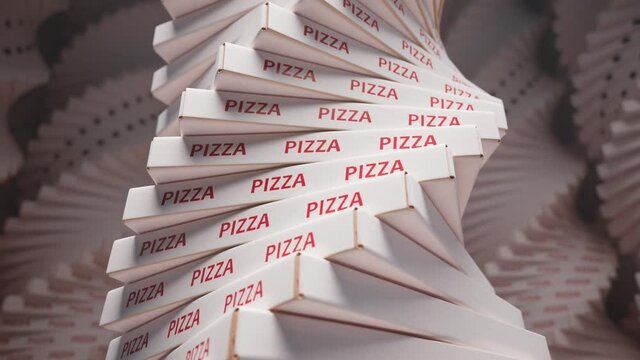 A huge pile of cardboard pizza boxes. Stack of cartons. Fast food packaging.