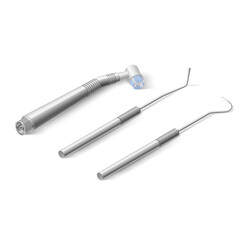 Basic Dentist Instruments and Tools Laid Out on White Backdrop. A Set of Metal Medical Equipment for Teeth Dental Care. Dental Hygiene and Healthcare Concept