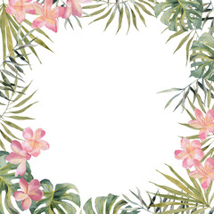 Hand drawing watercolor summer banner - plumeria, monstera, palm leaves. On white background with space for text. For scrapbooking, cards for birthday, party, poster, home decor, cover.