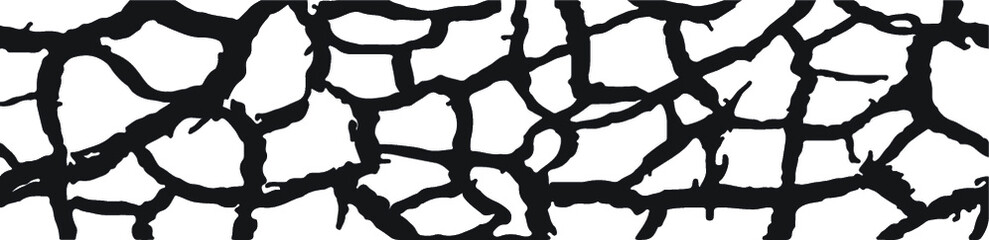 Horizontal seamless pattern. Cracked earth. Broken shell. Black and white drawing. Black cracks on white background. Dried desert.

