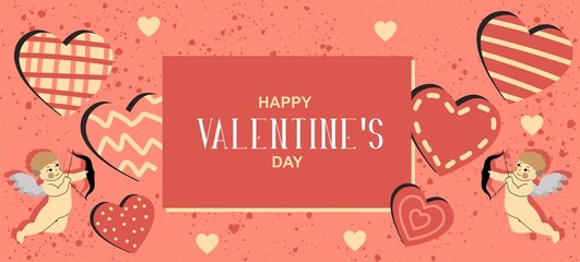 Happy Valentine's Day. Trendy abstract art templates with cupid, heart, dots. Set of flat backgrounds for social media, stories, banners, greeting cards, poster, greeting card, header for website