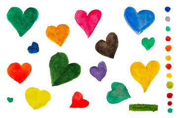 Watercolor hearts on a white background.