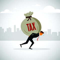 Tax. man carrying tax bag. Tax burden on businessman