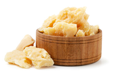 Parmesan cheese in a plate on a white background. Isolated