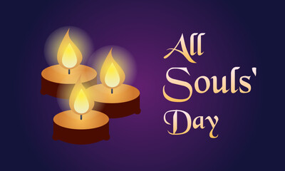 All souls' day banner with lit candles illustration. Contemplation concept. 2 November