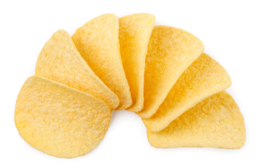 Potato chips on a white background, isolated. Top view