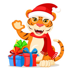 Tiger in a Christmas hat and scarf with New Year gifts smiles and waves. Year of the tiger
