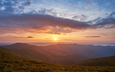 Beautiful sunrise in the mountains. Morning landscape panorama