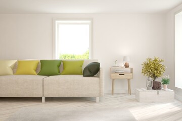 White living room with sofa. Scandinavian interior design. 3D illustration