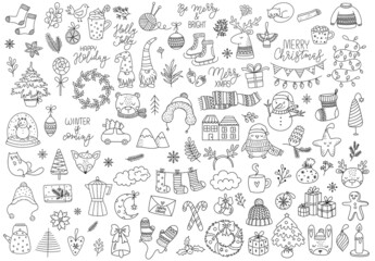 Vector hand drawn collection of cute doodles for Christmas and New Year. Doodle line isolated illustration. Winter holidays, baby shower, birthday, children's party