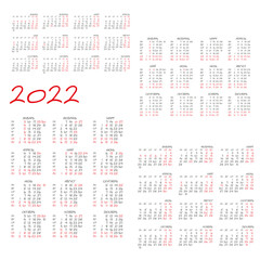 Calendar grids for calendars for 2022. Different block design