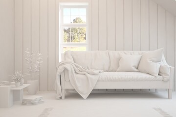 Mock up of minimalist living room in white color with sofa. Scandinavian interior design. 3D illustration
